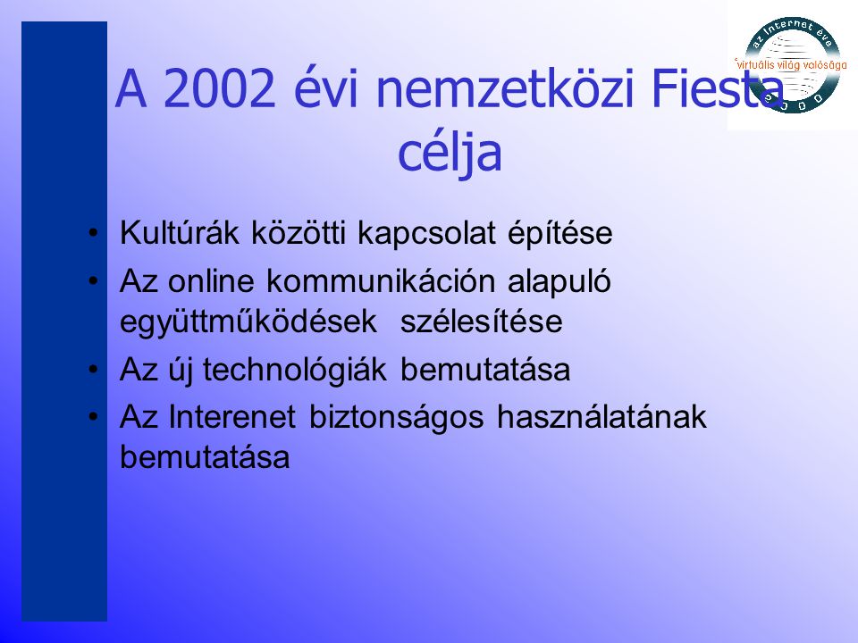 A 2002 évi nemzetközi Fiesta célja •Kultúrák közötti kapcsolat építése •Az online kommunikáción alapuló együttműködések szélesítése •Az új technológiák bemutatása •Az Interenet biztonságos használatának bemutatása