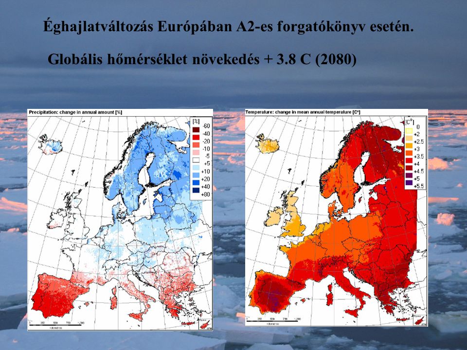 Éghajlatváltozás Európában A2-es forgatókönyv esetén. Globális hőmérséklet növekedés C (2080)