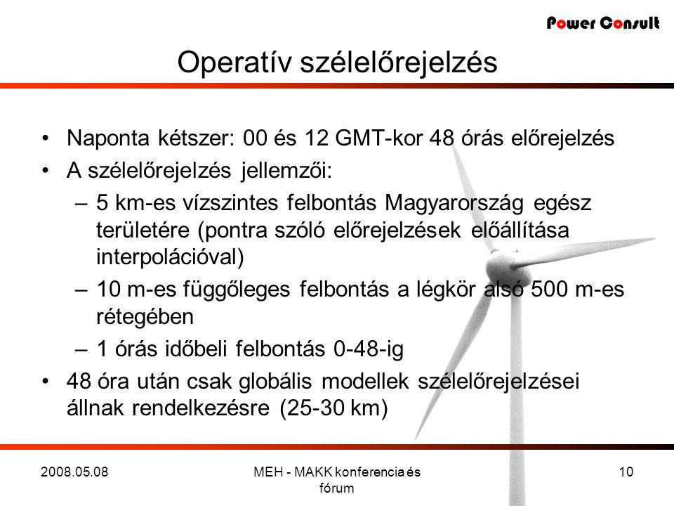 MEH - MAKK konferencia és fórum 10 Operatív szélelőrejelzés •Naponta kétszer: 00 és 12 GMT-kor 48 órás előrejelzés •A szélelőrejelzés jellemzői: –5 km-es vízszintes felbontás Magyarország egész területére (pontra szóló előrejelzések előállítása interpolációval) –10 m-es függőleges felbontás a légkör alsó 500 m-es rétegében –1 órás időbeli felbontás 0-48-ig •48 óra után csak globális modellek szélelőrejelzései állnak rendelkezésre (25-30 km)