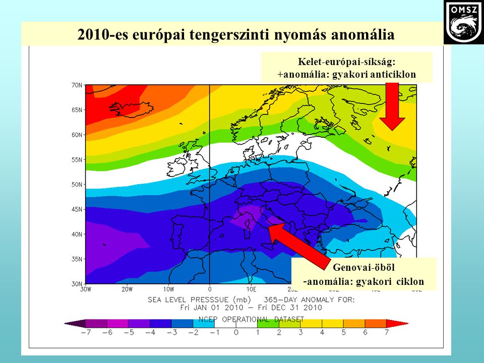 2010-es európai tengerszinti nyomás anomália Kelet-európai-síkság: +anomália: gyakori anticiklon Genovai-öböl - anomália: gyakori ciklon