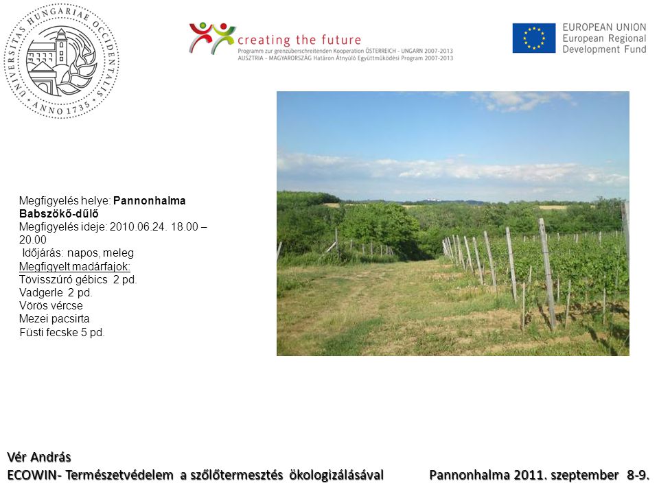Vér András ECOWIN- Természetvédelem a szőlőtermesztés ökologizálásával Pannonhalma 2011.