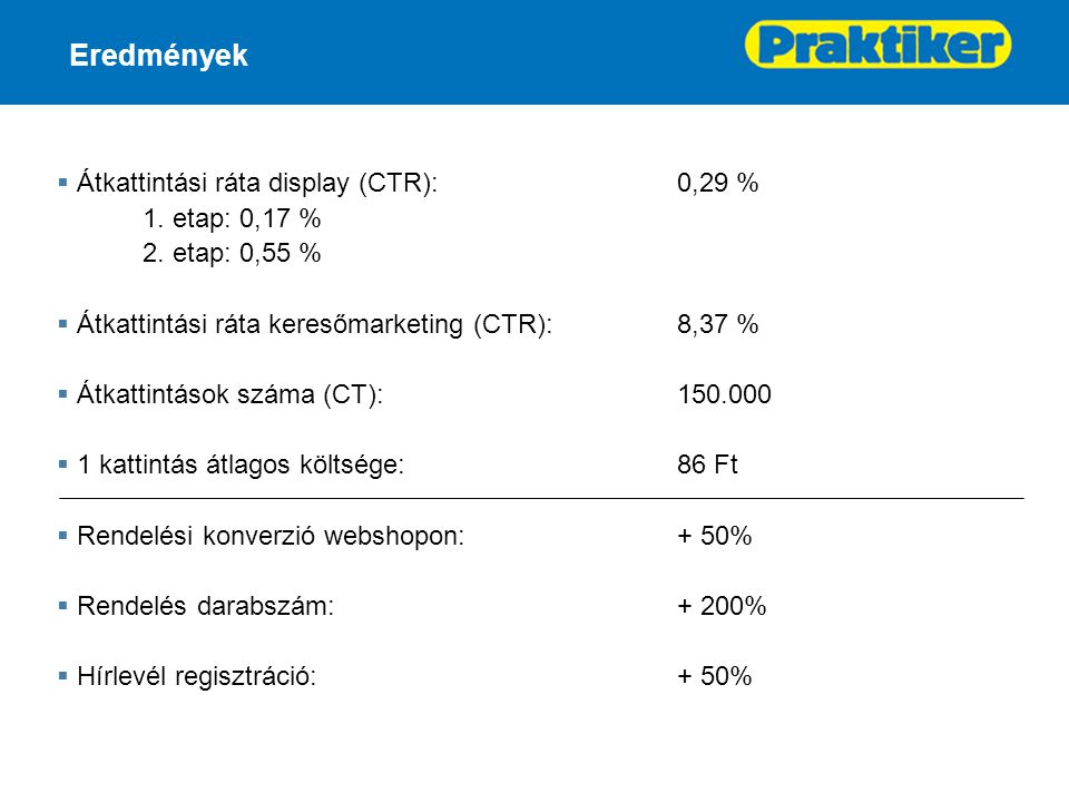 Eredmények  Átkattintási ráta display (CTR):0,29 % 1.