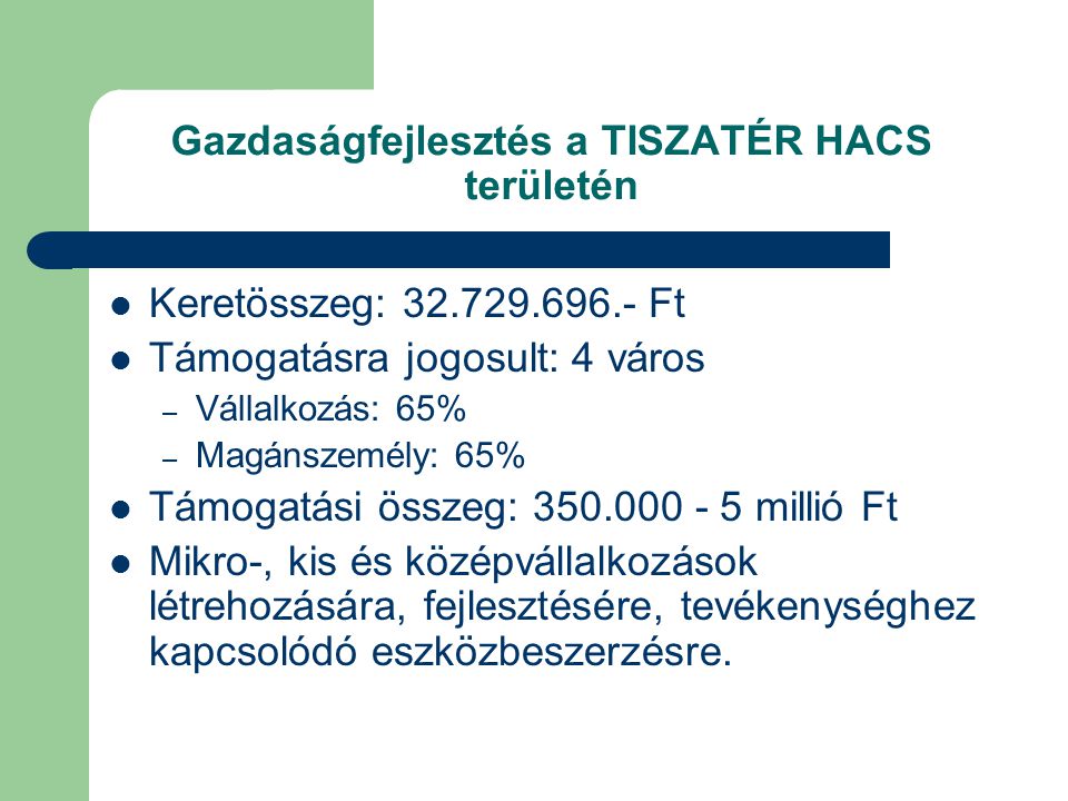 Gazdaságfejlesztés a TISZATÉR HACS területén  Keretösszeg: Ft  Támogatásra jogosult: 4 város – Vállalkozás: 65% – Magánszemély: 65%  Támogatási összeg: millió Ft  Mikro-, kis és középvállalkozások létrehozására, fejlesztésére, tevékenységhez kapcsolódó eszközbeszerzésre.
