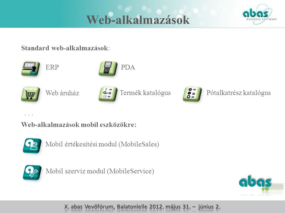 Web-alkalmazások mobil eszközökre: Mobil értékesítési modul (MobileSales) Mobil szerviz modul (MobileService) Standard web-alkalmazások: ERPPDA Web áruház Termék katalógusPótalkatrész katalógus...