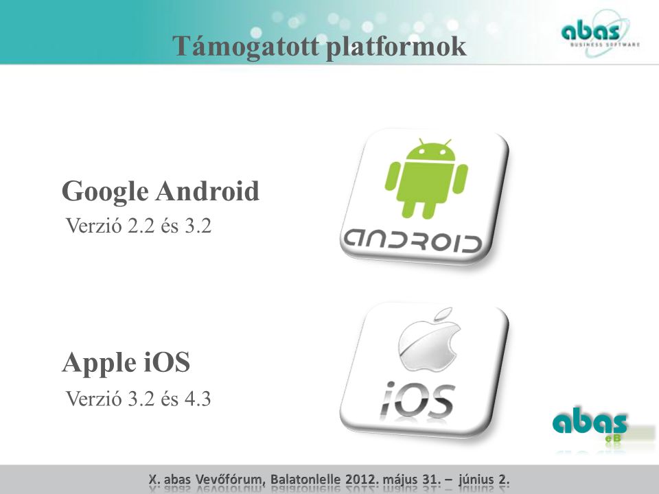 Google Android Apple iOS Verzió 2.2 és 3.2 Verzió 3.2 és 4.3 Támogatott platformok