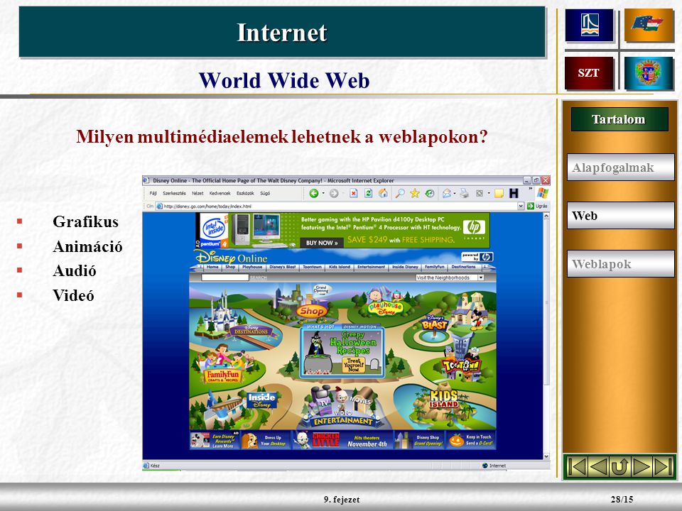 Tartalom InternetInternet SZT 9. fejezet28/15 Milyen multimédiaelemek lehetnek a weblapokon.