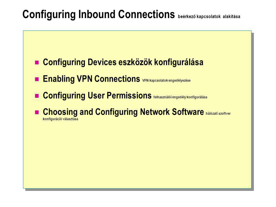 Configuring Inbound Connections beérkező kapcsolatok alakítása  Configuring Devices eszközök konfigurálása  Enabling VPN Connections VPN kapcsolatok engedélyezése  Configuring User Permissions felhasználói engedély konfigurálása  Choosing and Configuring Network Software hálózati szoftver konfiguráció választása