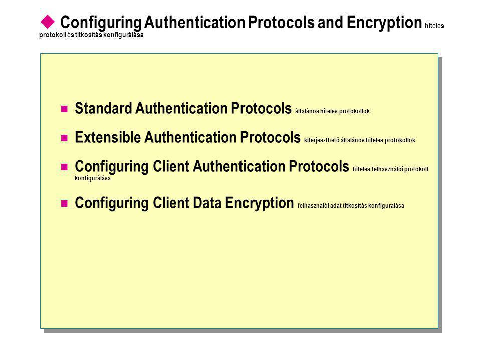  Configuring Authentication Protocols and Encryption hiteles protokoll és titkosítás konfigurálása  Standard Authentication Protocols általános hiteles protokollok  Extensible Authentication Protocols kiterjeszthető általános hiteles protokollok  Configuring Client Authentication Protocols hiteles felhasználói protokoll konfigurálása  Configuring Client Data Encryption felhasználói adat titkosítás konfigurálása