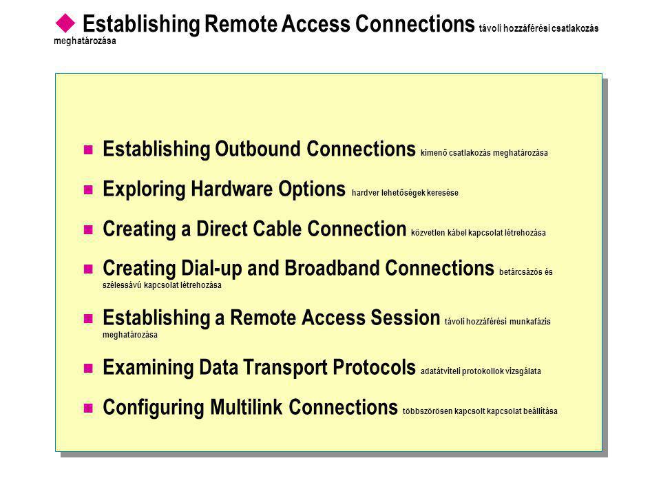  Establishing Remote Access Connections távoli hozzáférési csatlakozás meghatározása  Establishing Outbound Connections kimenő csatlakozás meghatározása  Exploring Hardware Options hardver lehetőségek keresése  Creating a Direct Cable Connection közvetlen kábel kapcsolat létrehozása  Creating Dial-up and Broadband Connections betárcsázós és szélessávú kapcsolat létrehozása  Establishing a Remote Access Session távoli hozzáférési munkafázis meghatározása  Examining Data Transport Protocols adatátviteli protokollok vizsgálata  Configuring Multilink Connections többszörösen kapcsolt kapcsolat beállítása