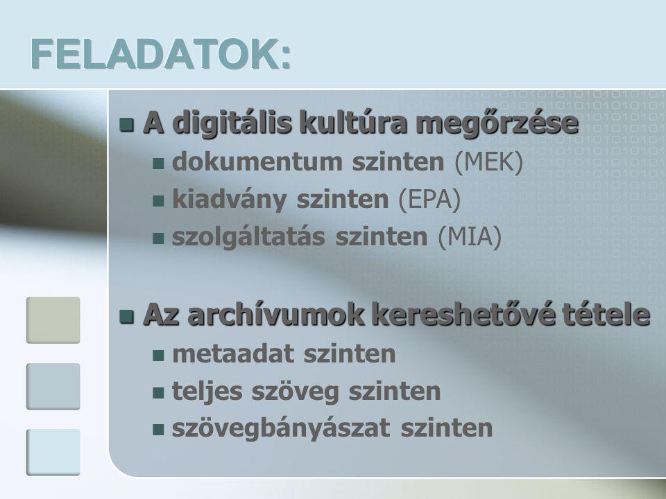  A digitális kultúra megőrzése  dokumentum szinten (MEK)  kiadvány szinten (EPA)  szolgáltatás szinten (MIA)  Az archívumok kereshetővé tétele  metaadat szinten  teljes szöveg szinten  szövegbányászat szinten