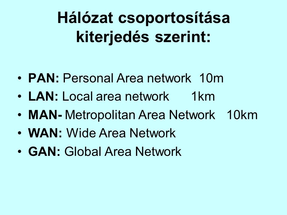Hálózat csoportosítása kiterjedés szerint: •PAN: Personal Area network 10m •LAN: Local area network 1km •MAN- Metropolitan Area Network 10km •WAN: Wide Area Network •GAN: Global Area Network