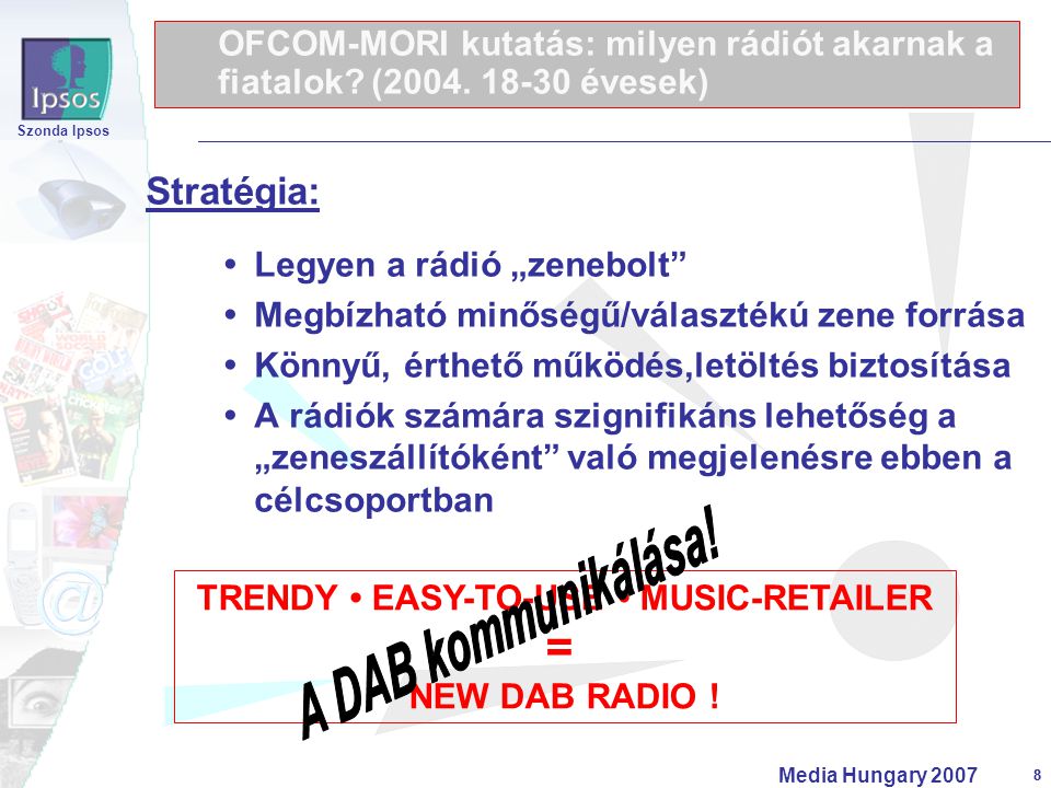 8 Szonda Ipsos Media Hungary Stratégia:  Legyen a rádió „zenebolt  Megbízható minőségű/választékú zene forrása  Könnyű, érthető működés,letöltés biztosítása  A rádiók számára szignifikáns lehetőség a „zeneszállítóként való megjelenésre ebben a célcsoportban TRENDY • EASY-TO-USE • MUSIC-RETAILER = NEW DAB RADIO .