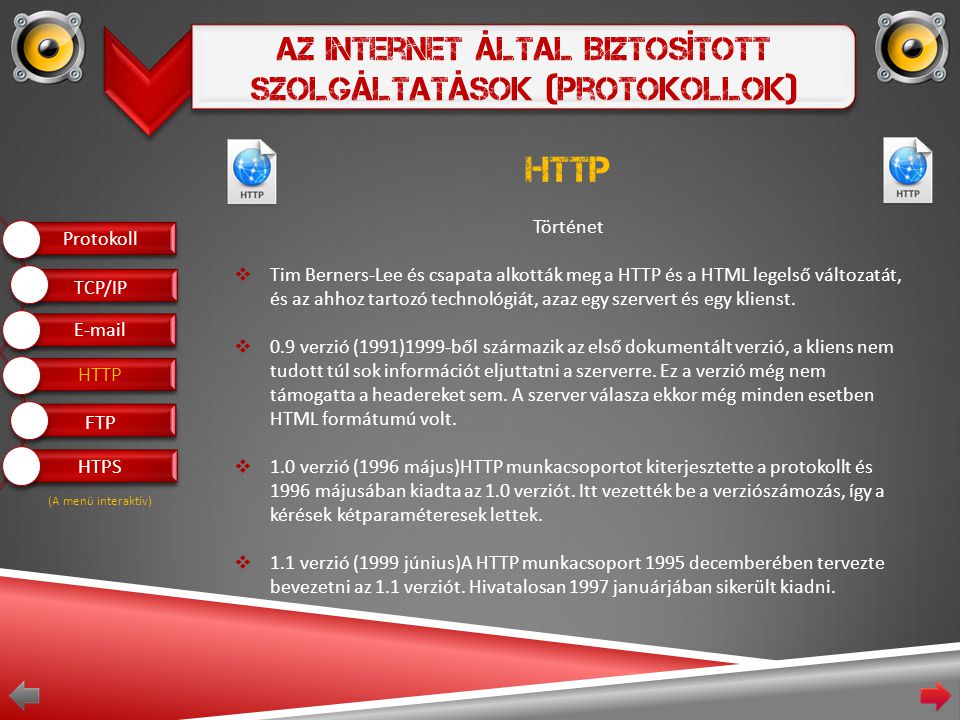 Az Internet Által Biztosított Szolgáltatások (Protokollok) HTTP Történet  Tim Berners-Lee és csapata alkották meg a HTTP és a HTML legelső változatát, és az ahhoz tartozó technológiát, azaz egy szervert és egy klienst.