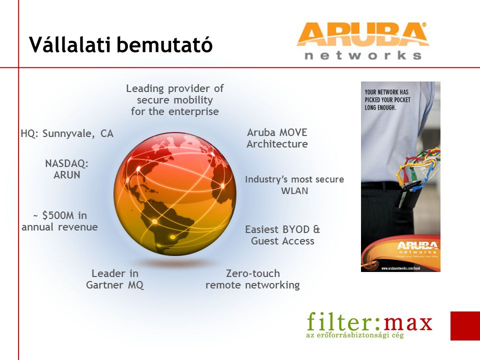 Vállalati bemutató Leading provider of secure mobility for the enterprise Aruba MOVE Architecture Industry’s most secure WLAN Easiest BYOD & Guest Access Zero-touch remote networking Leader in Gartner MQ ~ $500M in annual revenue HQ: Sunnyvale, CA NASDAQ: ARUN
