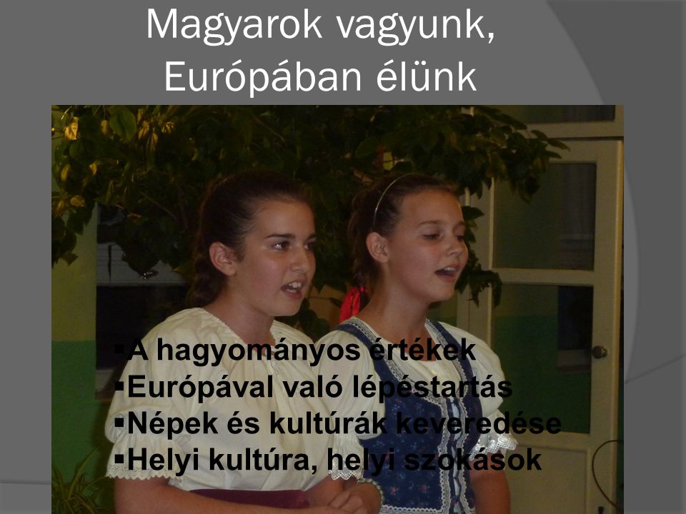 Magyarok vagyunk, Európában élünk  A hagyományos értékek  Európával való lépéstartás  Népek és kultúrák keveredése  Helyi kultúra, helyi szokások