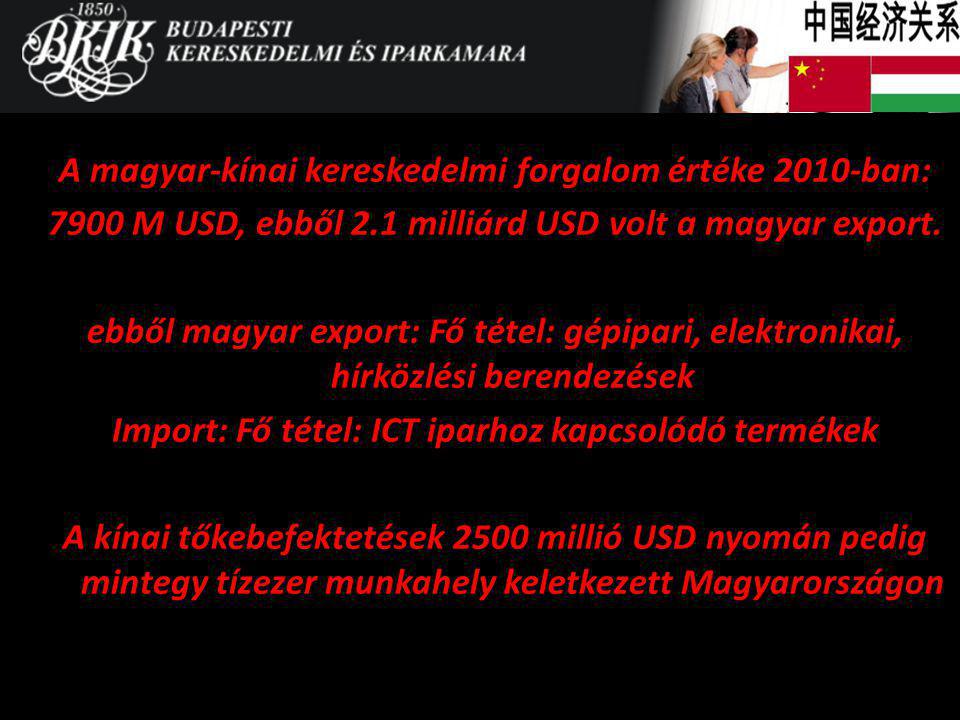 A magyar-kínai kereskedelmi forgalom értéke 2010-ban: 7900 M USD, ebből 2.1 milliárd USD volt a magyar export.