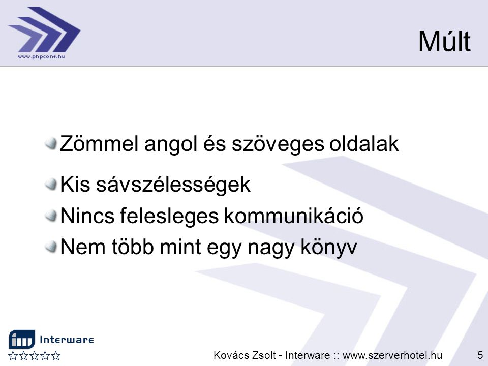 Kovács Zsolt - Interware ::   Múlt Zömmel angol és szöveges oldalak Kis sávszélességek Nincs felesleges kommunikáció Nem több mint egy nagy könyv