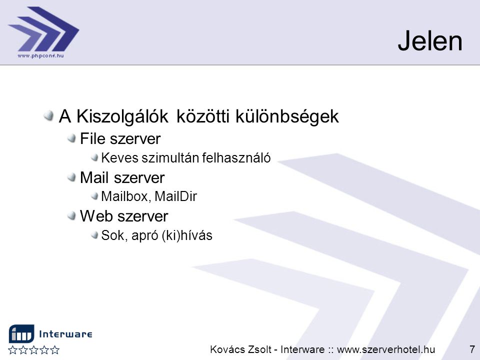 Kovács Zsolt - Interware ::   Jelen A Kiszolgálók közötti különbségek File szerver Keves szimultán felhasználó Mail szerver Mailbox, MailDir Web szerver Sok, apró (ki)hívás