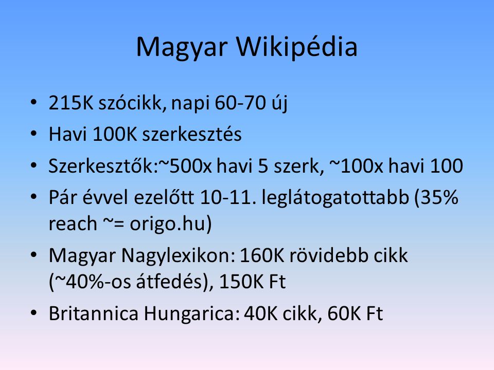 Magyar Wikipédia 215K szócikk, napi új Havi 100K szerkesztés Szerkesztők:~500x havi 5 szerk, ~100x havi 100 Pár évvel ezelőtt
