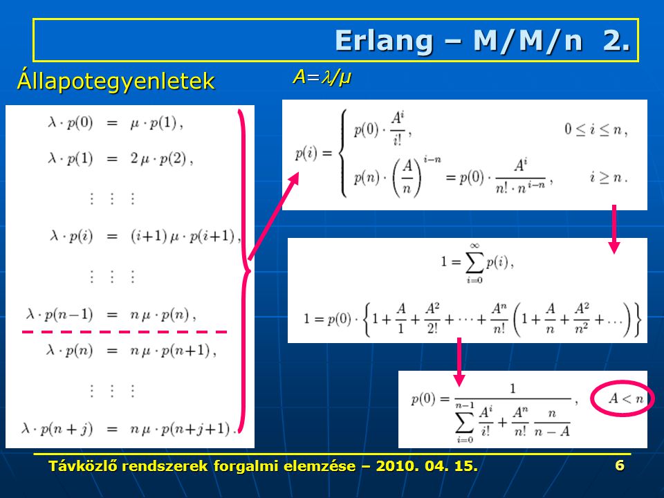 Távközlő rendszerek forgalmi elemzése – Erlang – M/M/n 2. Állapotegyenletek A=/μ