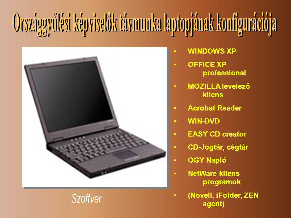 •WINDOWS XP •OFFICE XP professional •MOZILLA levelező kliens •Acrobat Reader •WIN-DVD •EASY CD creator •CD-Jogtár, cégtár •OGY Napló •NetWare kliens programok •(Novell, iFolder, ZEN agent)