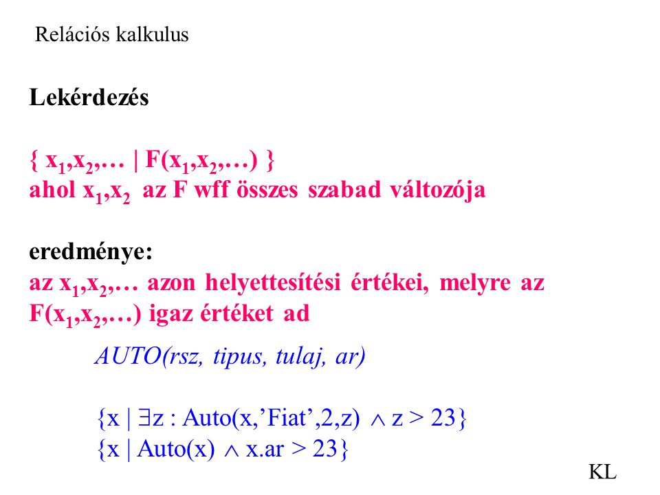 Relációs kalkulus KL AUTO(rsz, tipus, tulaj, ar) {x |  z : Auto(x,’Fiat’,2,z)  z > 23} {x | Auto(x)  x.ar > 23} Lekérdezés { x 1,x 2,… | F(x 1,x 2,…) } ahol x 1,x 2 az F wff összes szabad változója eredménye: az x 1,x 2,… azon helyettesítési értékei, melyre az F(x 1,x 2,…) igaz értéket ad