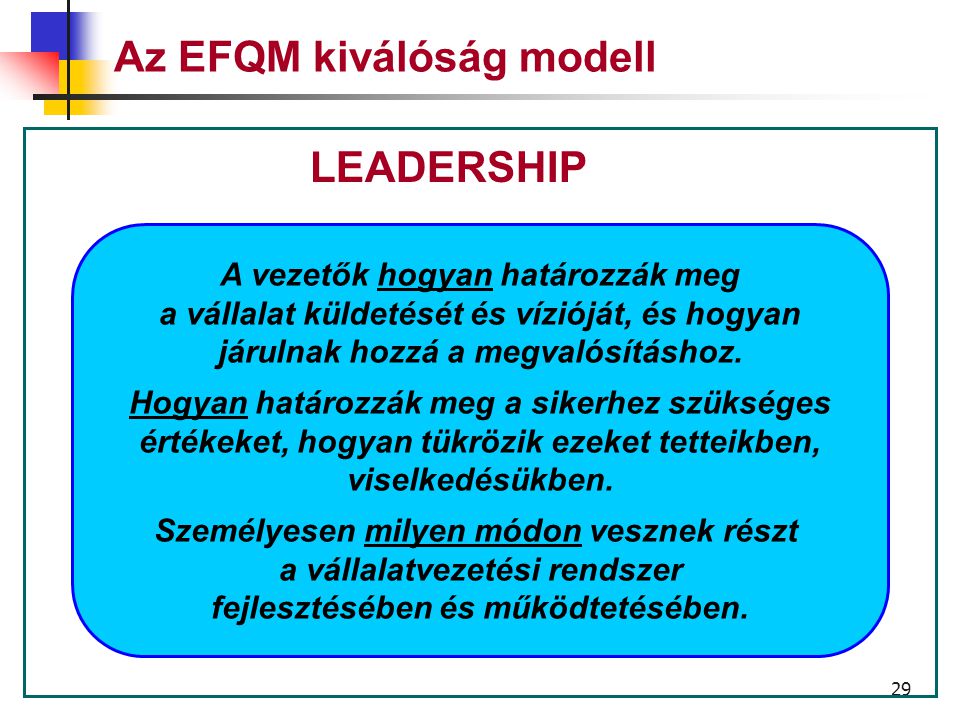 28 Az EFQM kiválóság modell « KOMMUNIKÁCIÓ, JUTALMAZÁS és egy VÍZIÓ » Todd BRADLEY A PALM Solutions elnöke New York, 2002 október 28.