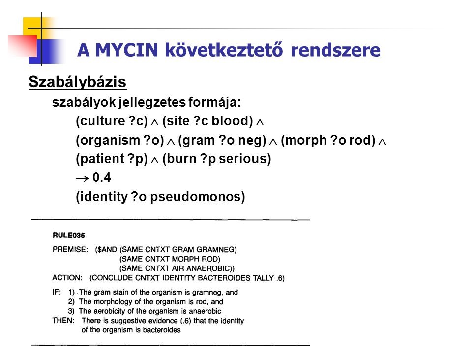 Szabálybázis szabályok jellegzetes formája: (culture c)  (site c blood)  (organism o)  (gram o neg)  (morph o rod)  (patient p)  (burn p serious)  0.4 (identity o pseudomonos) A MYCIN következtető rendszere