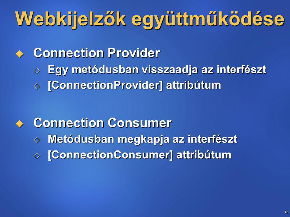 12 Webkijelzők együttműködése  Connection Provider  Egy metódusban visszaadja az interfészt  [ConnectionProvider] attribútum  Connection Consumer  Metódusban megkapja az interfészt  [ConnectionConsumer] attribútum