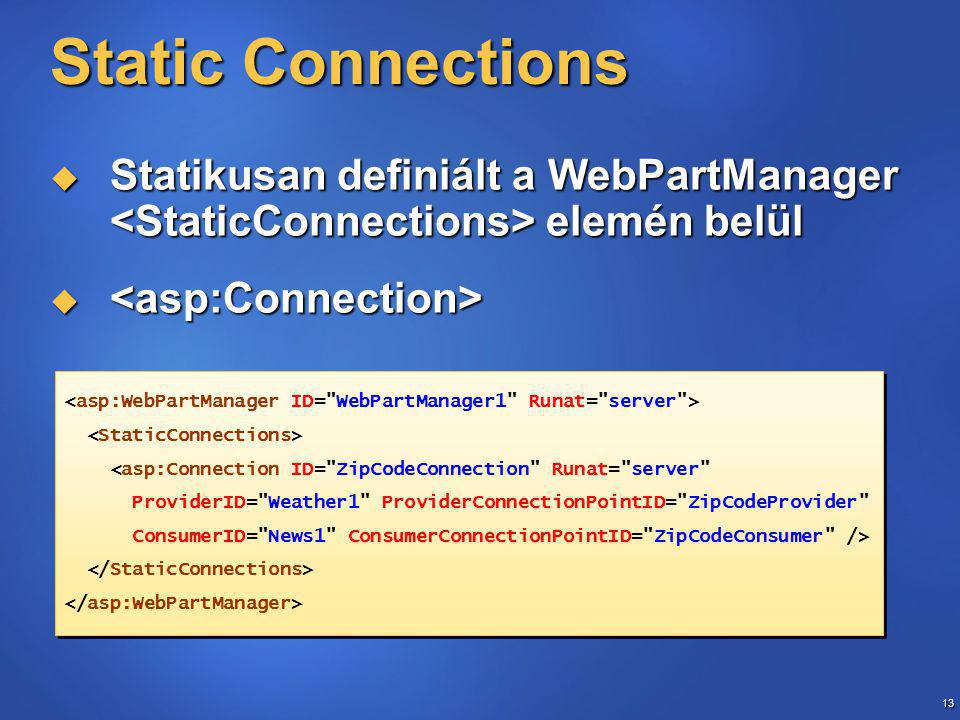 13 Static Connections  Statikusan definiált a WebPartManager elemén belül   <asp:Connection ID= ZipCodeConnection Runat= server ProviderID= Weather1 ProviderConnectionPointID= ZipCodeProvider ConsumerID= News1 ConsumerConnectionPointID= ZipCodeConsumer /> <asp:Connection ID= ZipCodeConnection Runat= server ProviderID= Weather1 ProviderConnectionPointID= ZipCodeProvider ConsumerID= News1 ConsumerConnectionPointID= ZipCodeConsumer />