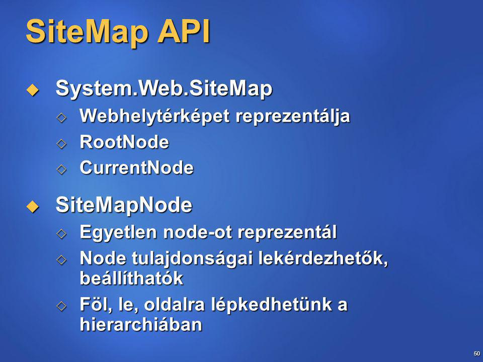 50 SiteMap API  System.Web.SiteMap  Webhelytérképet reprezentálja  RootNode  CurrentNode  SiteMapNode  Egyetlen node-ot reprezentál  Node tulajdonságai lekérdezhetők, beállíthatók  Föl, le, oldalra lépkedhetünk a hierarchiában