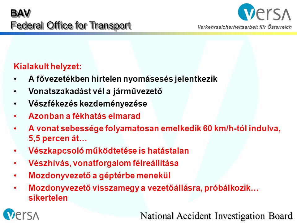 BAV Federal Office for Transport National Accident Investigation Board Verkehrssicherheitsarbeit für Österreich Kialakult helyzet: •A fővezetékben hirtelen nyomásesés jelentkezik •Vonatszakadást vél a járművezető •Vészfékezés kezdeményezése •Azonban a fékhatás elmarad •A vonat sebessége folyamatosan emelkedik 60 km/h-tól indulva, 5,5 percen át… •Vészkapcsoló működtetése is hatástalan •Vészhívás, vonatforgalom félreállítása •Mozdonyvezető a géptérbe menekül •Mozdonyvezető visszamegy a vezetőállásra, próbálkozik… sikertelen