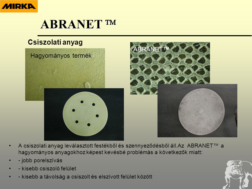 •A csiszolati anyag leválasztott festékből és szennyeződésből áll.Az ABRANET™ a hagyományos anyagokhoz képest kevésbé problémás a következők miatt: •- jobb porelszívás •- kisebb csiszoló felület •- kisebb a távolság a csiszolt és elszívott felület között Csiszolati anyag ABRANET™ Hagyományos termék ABRANET 