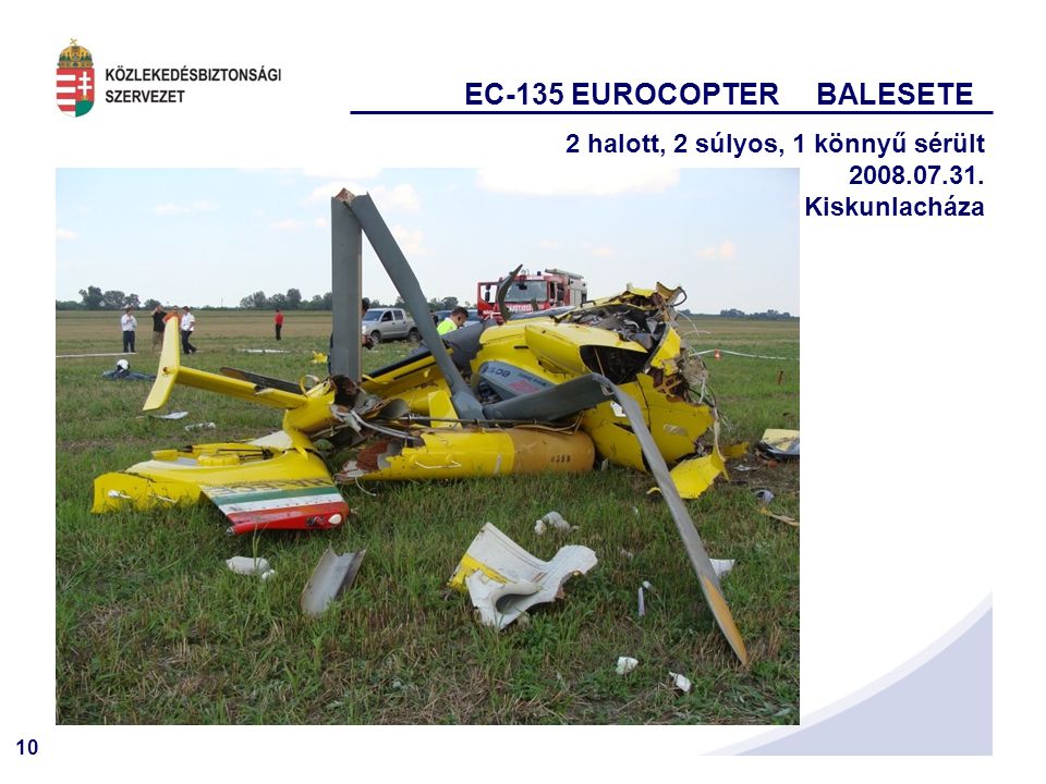 10 EC-135 EUROCOPTER BALESETE 2 halott, 2 súlyos, 1 könnyű sérült Kiskunlacháza