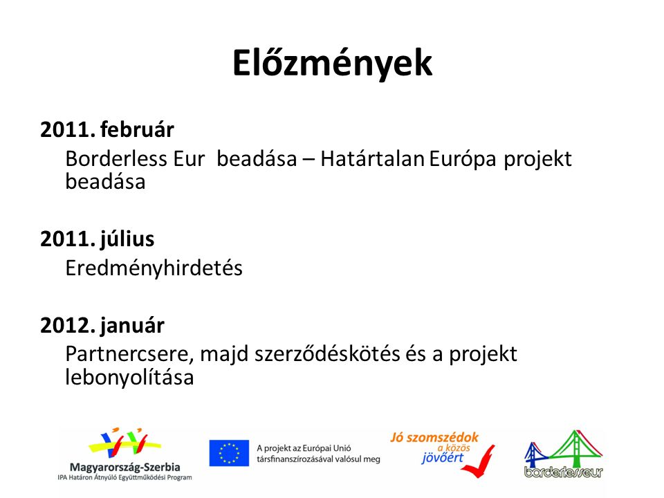 Előzmények február Borderless Eur beadása – Határtalan Európa projekt beadása