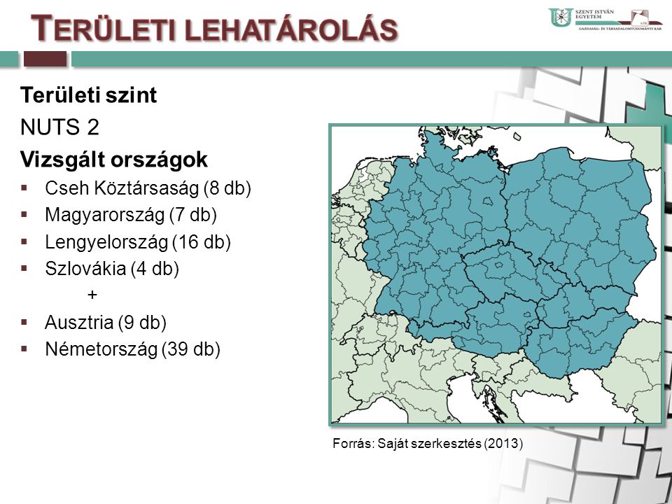 Területi szint NUTS 2 Vizsgált országok  Cseh Köztársaság (8 db)  Magyarország (7 db)  Lengyelország (16 db)  Szlovákia (4 db) +  Ausztria (9 db)  Németország (39 db) Forrás: Saját szerkesztés (2013)