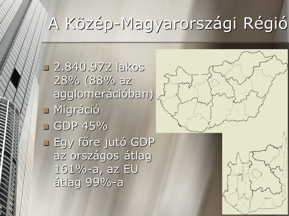  lakos 28% (88% az agglomerációban)  Migráció  GDP 45%  Egy főre jutó GDP az országos átlag 161%-a, az EU átlag 99%-a A Közép-Magyarországi Régió