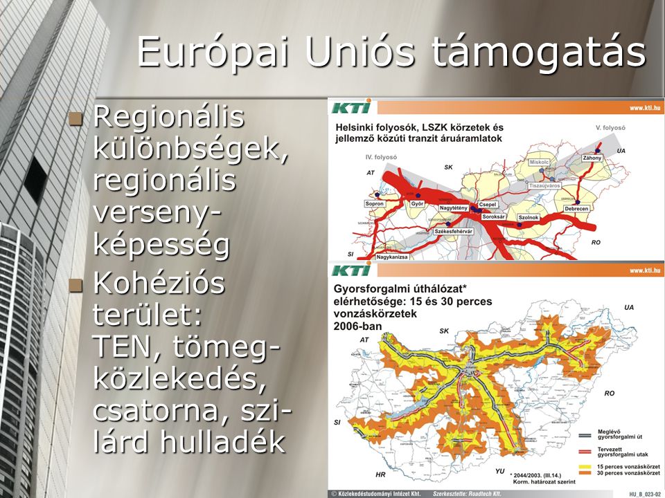 Európai Uniós támogatás  Regionális különbségek, regionális verseny- képesség  Kohéziós terület: TEN, tömeg- közlekedés, csatorna, szi- lárd hulladék