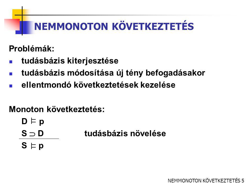 NEMMONOTON KÖVETKEZTETÉS 5 NEMMONOTON KÖVETKEZTETÉS Problémák:  tudásbázis kiterjesztése  tudásbázis módosítása új tény befogadásakor  ellentmondó következtetések kezelése Monoton következtetés: D p S  Dtudásbázis növelése S p