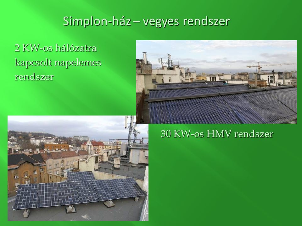 2 KW-os hálózatra kapcsolt napelemes rendszer 30 KW-os HMV rendszer Simplon-ház – vegyes rendszer