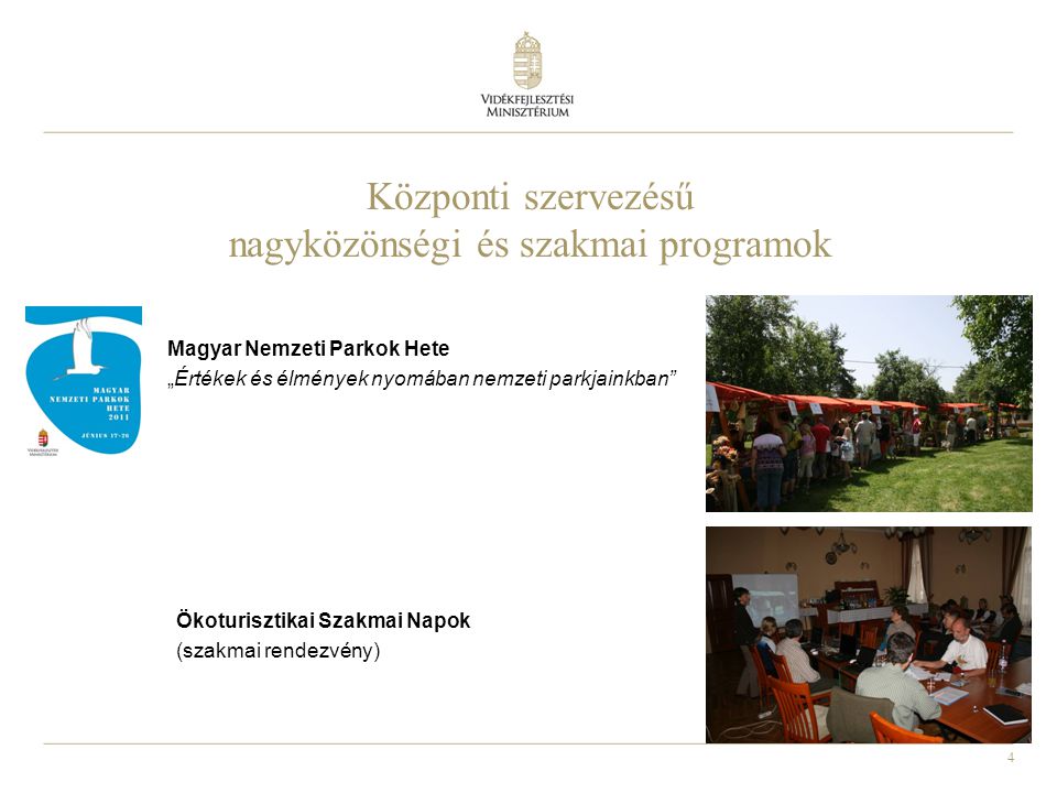 4 Központi szervezésű nagyközönségi és szakmai programok Magyar Nemzeti Parkok Hete „Értékek és élmények nyomában nemzeti parkjainkban Ökoturisztikai Szakmai Napok (szakmai rendezvény)