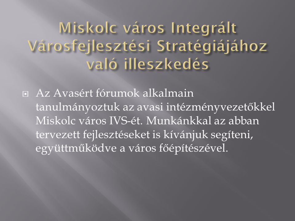  Az Avasért fórumok alkalmain tanulmányoztuk az avasi intézményvezetőkkel Miskolc város IVS-ét.