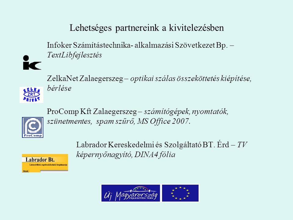 Lehetséges partnereink a kivitelezésben Infoker Számítástechnika- alkalmazási Szövetkezet Bp.