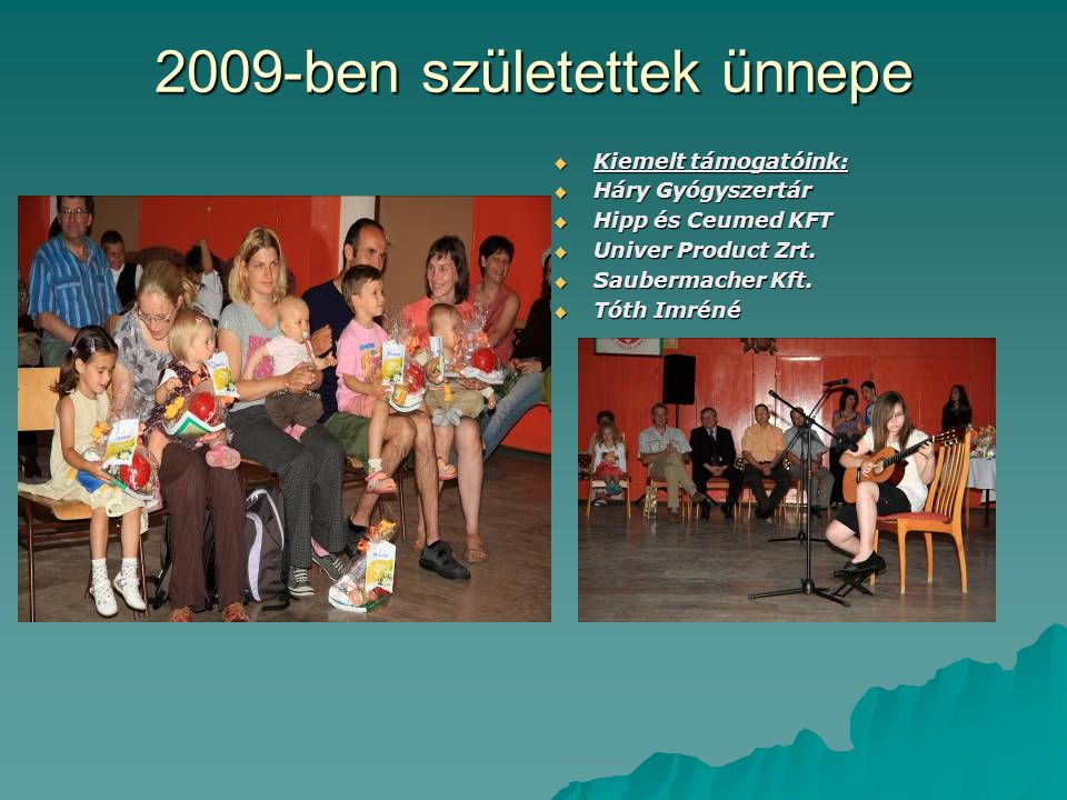 2009-ben születettek ünnepe  Kiemelt támogatóink:  Háry Gyógyszertár  Hipp és Ceumed KFT  Univer Product Zrt.