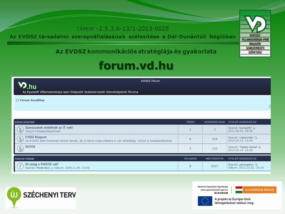 10 TÁMOP A-13/ Az EVDSZ társadalmi szerepvállalásának szélesítése a Dél-Dunántúli Régióban Az EVDSZ kommunikációs stratégiája és gyakorlata forum.vd.hu
