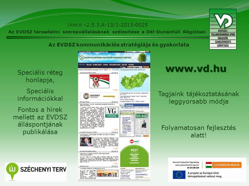 8 TÁMOP A-13/ Az EVDSZ társadalmi szerepvállalásának szélesítése a Dél-Dunántúli Régióban Az EVDSZ kommunikációs stratégiája és gyakorlata Speciális réteg honlapja, Speciális információkkal Fontos a hírek mellett az EVDSZ álláspontjának publikálása   Folyamatosan fejlesztés alatt.