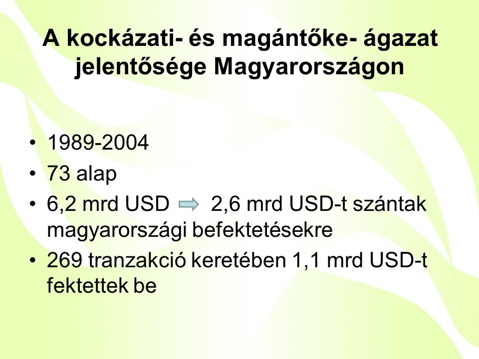 A kockázati- és magántőke- ágazat jelentősége Magyarországon • •73 alap •6,2 mrd USD 2,6 mrd USD-t szántak magyarországi befektetésekre •269 tranzakció keretében 1,1 mrd USD-t fektettek be