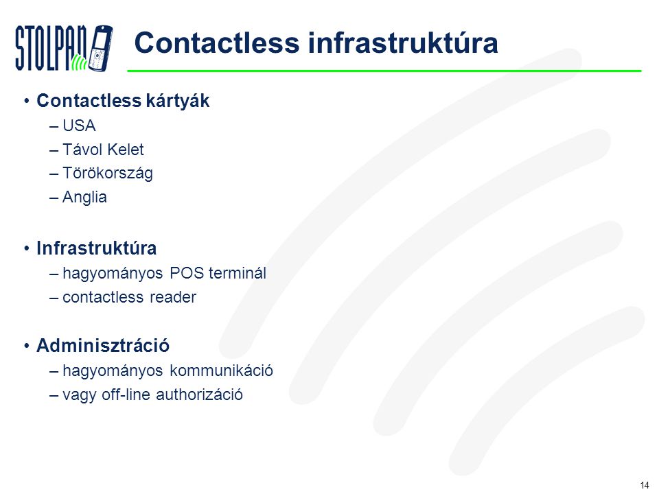 14 Contactless infrastruktúra •Contactless kártyák –USA –Távol Kelet –Törökország –Anglia •Infrastruktúra –hagyományos POS terminál –contactless reader •Adminisztráció –hagyományos kommunikáció –vagy off-line authorizáció