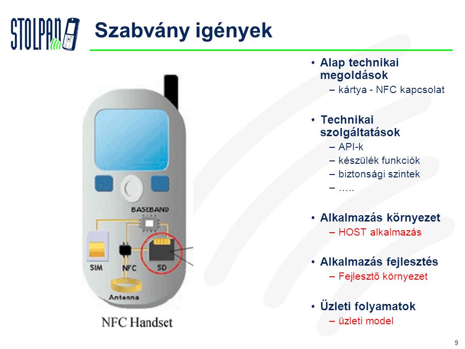 9 Szabvány igények •Alap technikai megoldások –kártya - NFC kapcsolat •Technikai szolgáltatások –API-k –készülék funkciók –biztonsági szintek –…..