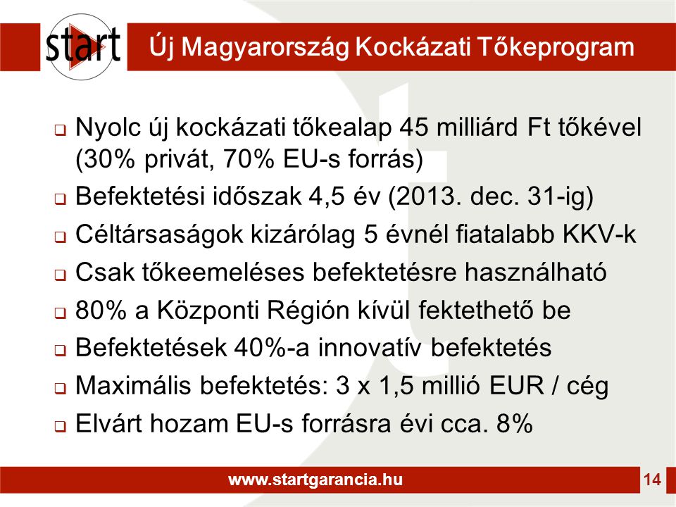 14 Új Magyarország Kockázati Tőkeprogram  Nyolc új kockázati tőkealap 45 milliárd Ft tőkével (30% privát, 70% EU-s forrás)  Befektetési időszak 4,5 év (2013.